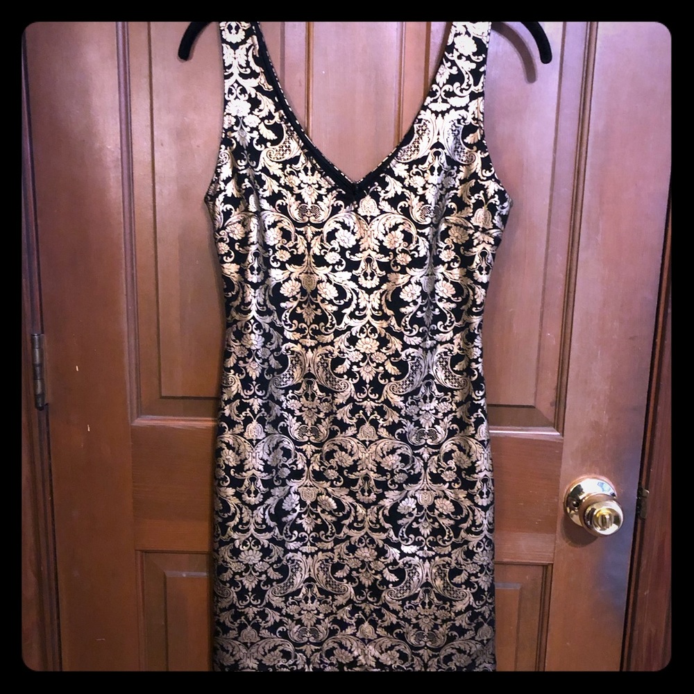 Black and gold brocade bodycon dress with cutout